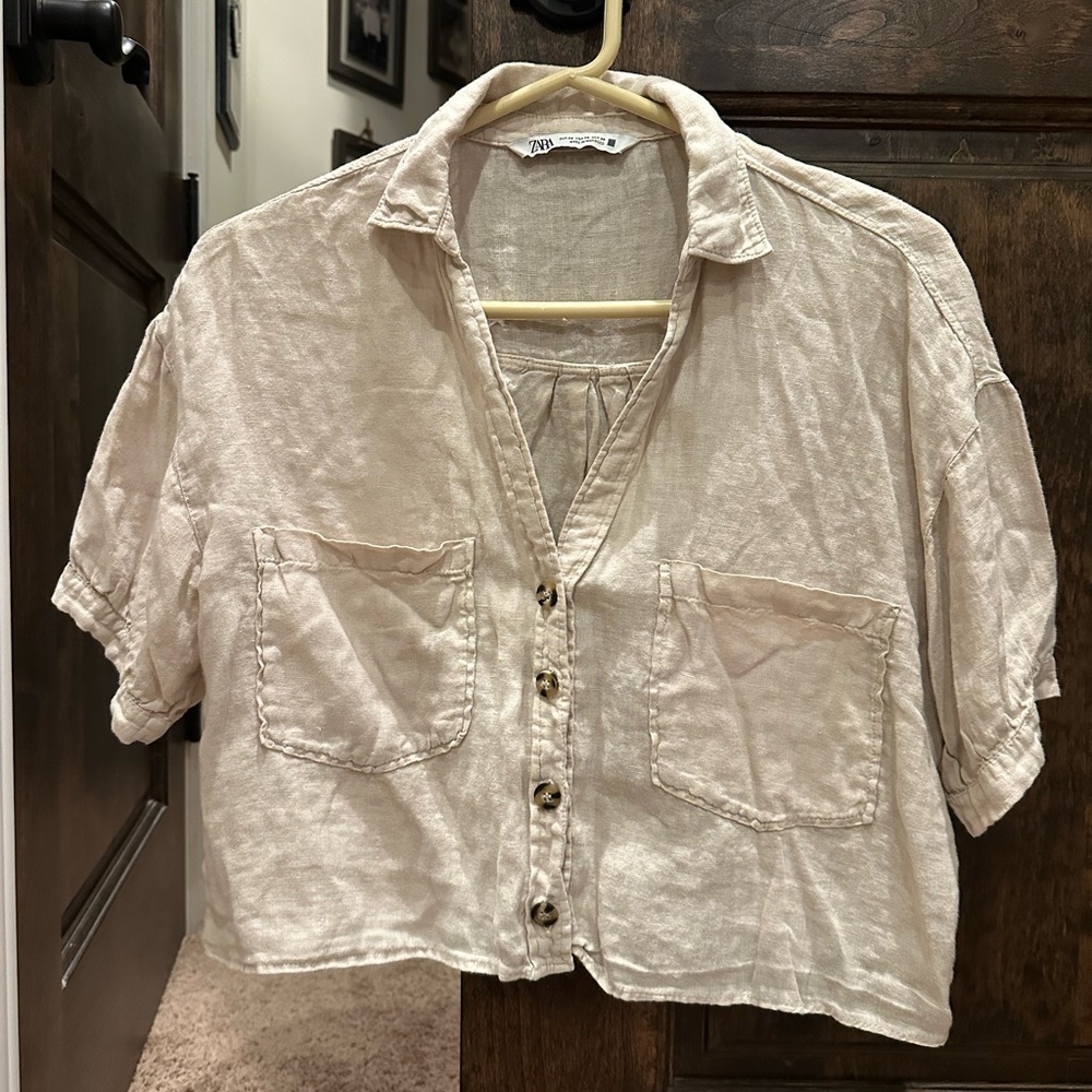 Zara Light Tan Casual Button-Up Shirt